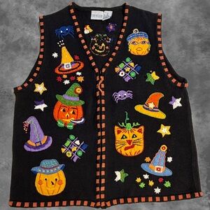 VINTAGE witchy spooky season knit sweater‎ vest cardigan pumpkin Halloween witch